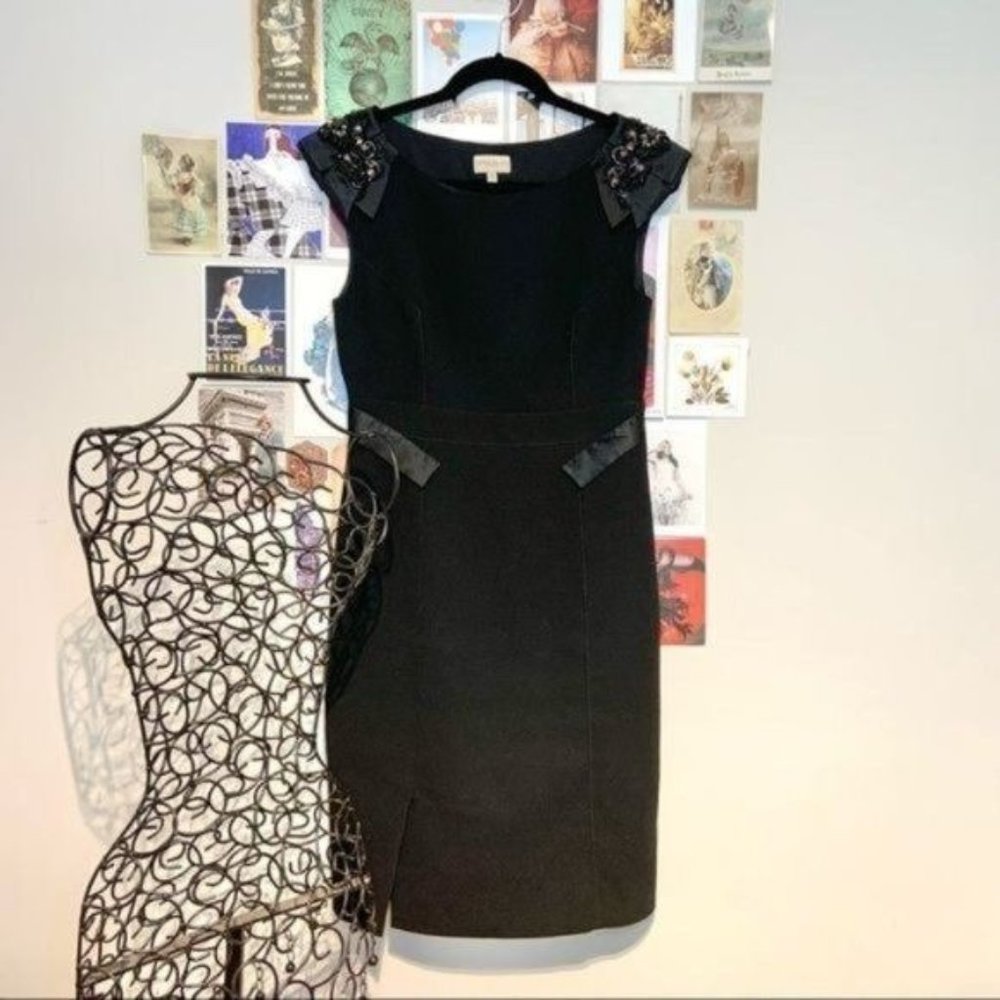 KAREN MILLEN BOAT NECK SILK ACCENT EMBELLISHED SHEATH DRESS KNEE LENGTH BLACK 8